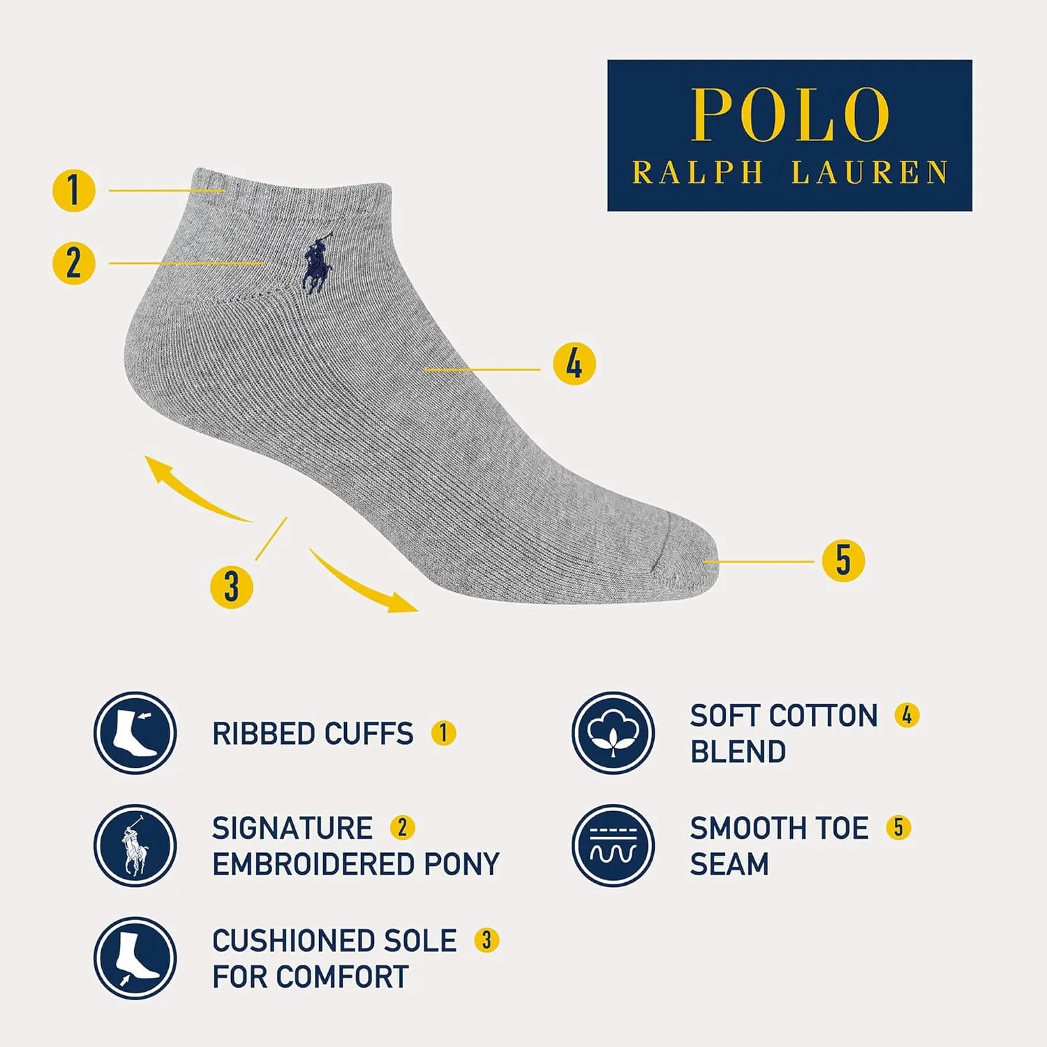 POLO RALPH LAUREN mens Athletic Performance Cotton Low Cut Socks - 6 Pair Pack - Moisture Wicking Mesh - Image 8