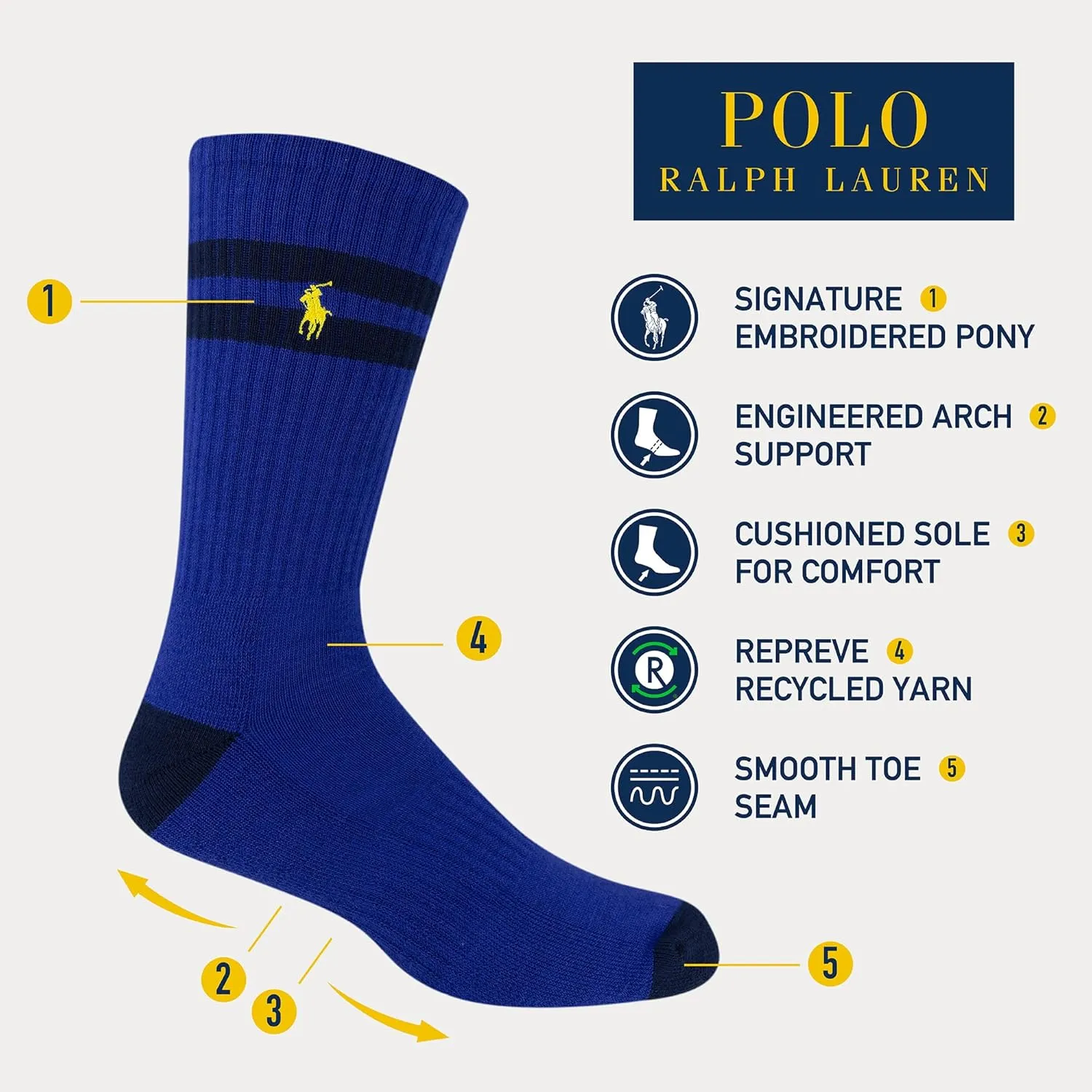POLO RALPH LAUREN Men's Classic Sport Multi-Color Socks-6 Pair Pack-Athletic Comfort Cushioning - Image 3