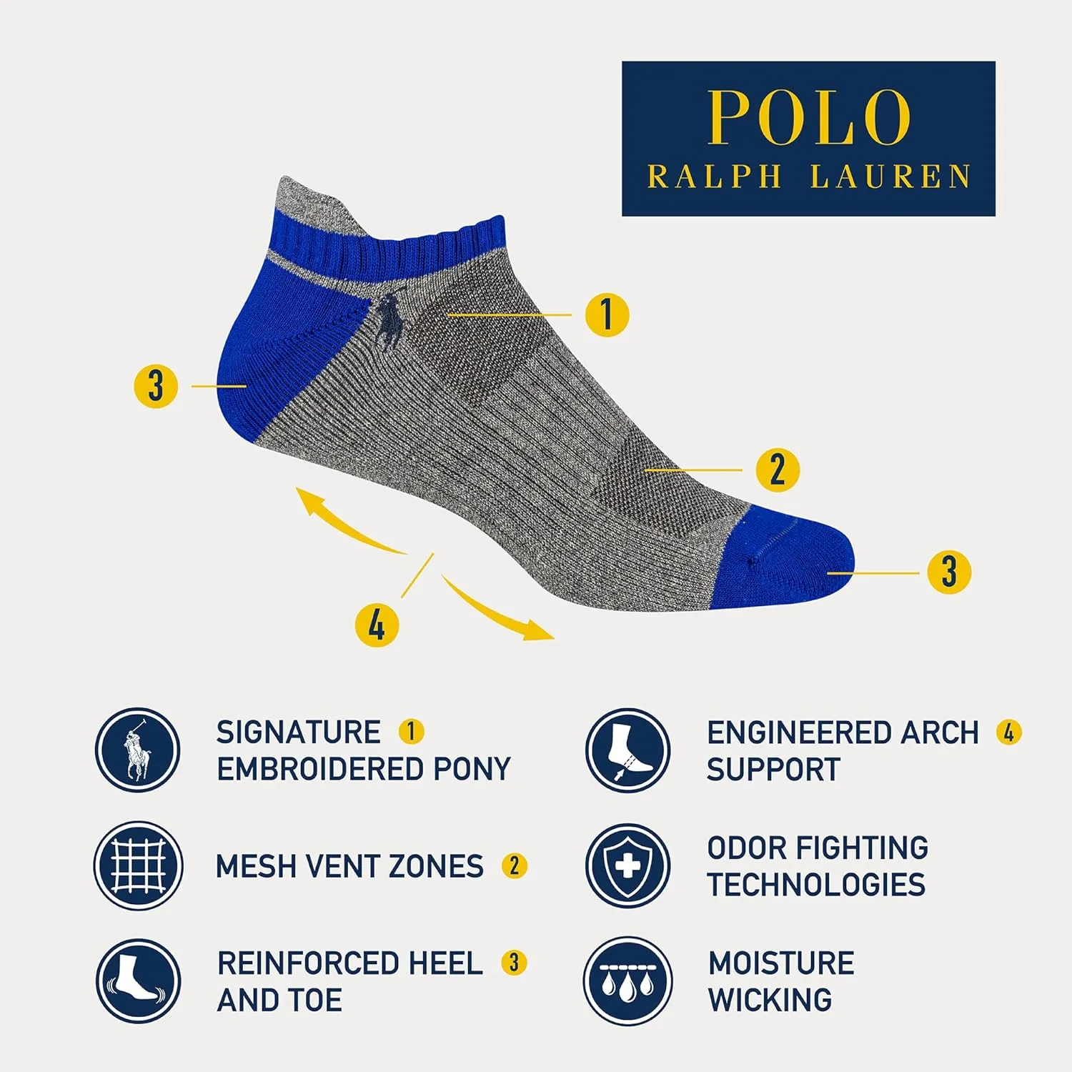 POLO RALPH LAUREN mens Athletic Performance Cotton Low Cut Socks - 6 Pair Pack - Moisture Wicking Mesh - Image 16