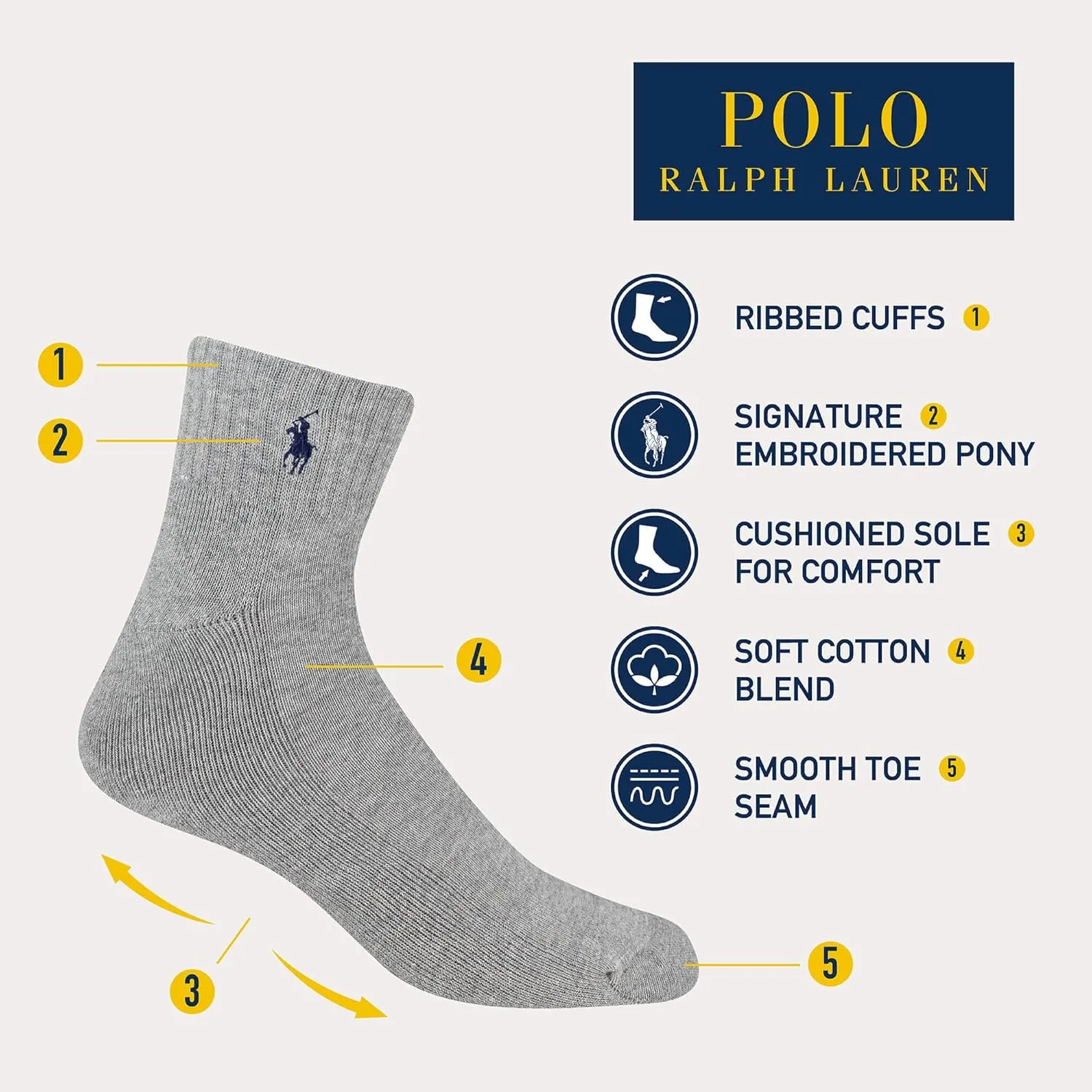 POLO RALPH LAUREN Classic Sport Solid Ankle Socks - 6 Pair Pack - Athletic Cushioned Cotton - Image 3