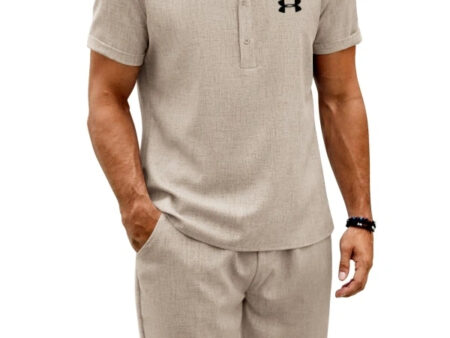 Men's Cotton Linen Stand-Up Collar Small Polo Shirt Shorts Casual Two-Piece Suit