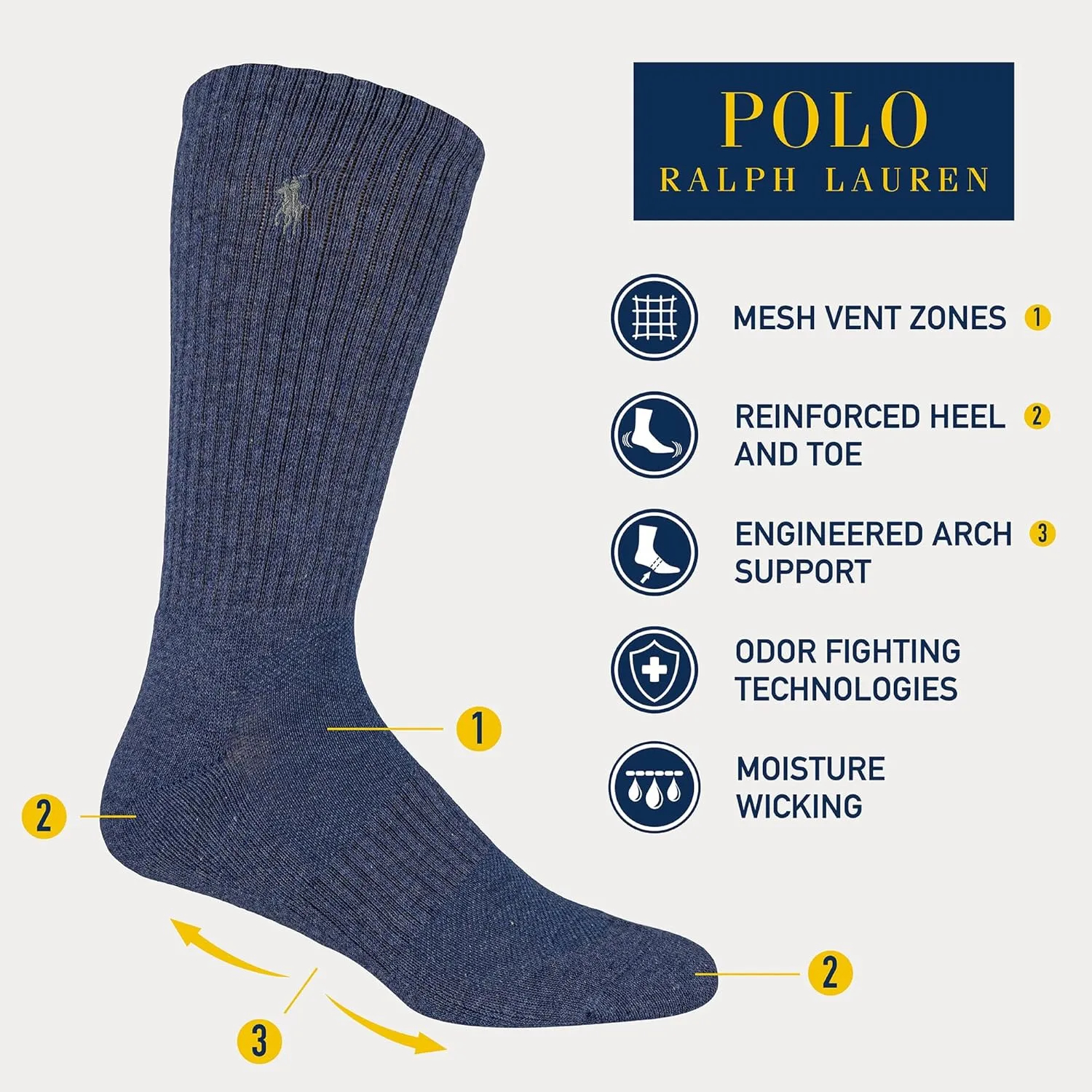 POLO RALPH LAUREN Men's Athletic Performance Cotton Crew Socks - 6 Pair Pack - Moisture Wicking Mesh - Image 19