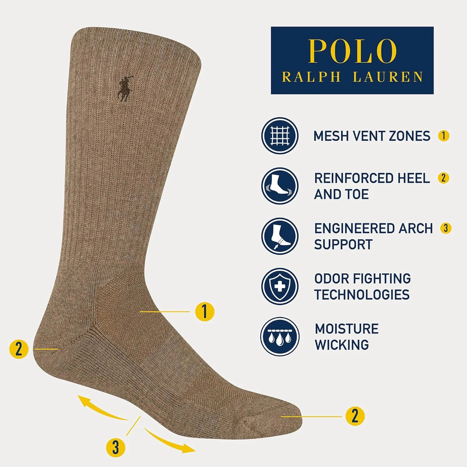 POLO RALPH LAUREN Men's Athletic Performance Cotton Crew Socks - 6 Pair Pack - Moisture Wicking Mesh - Image 2