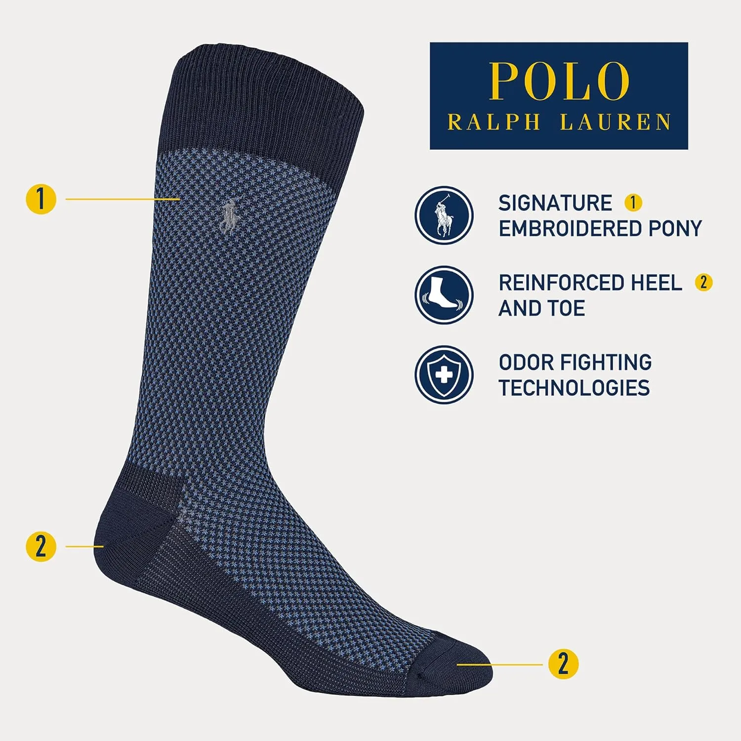 POLO RALPH LAUREN Super Soft Birdseye Dress Crew Socks - 3 Pair Pack - Signature Embroidered Pony & Heel-toe Reinforcement - Image 2