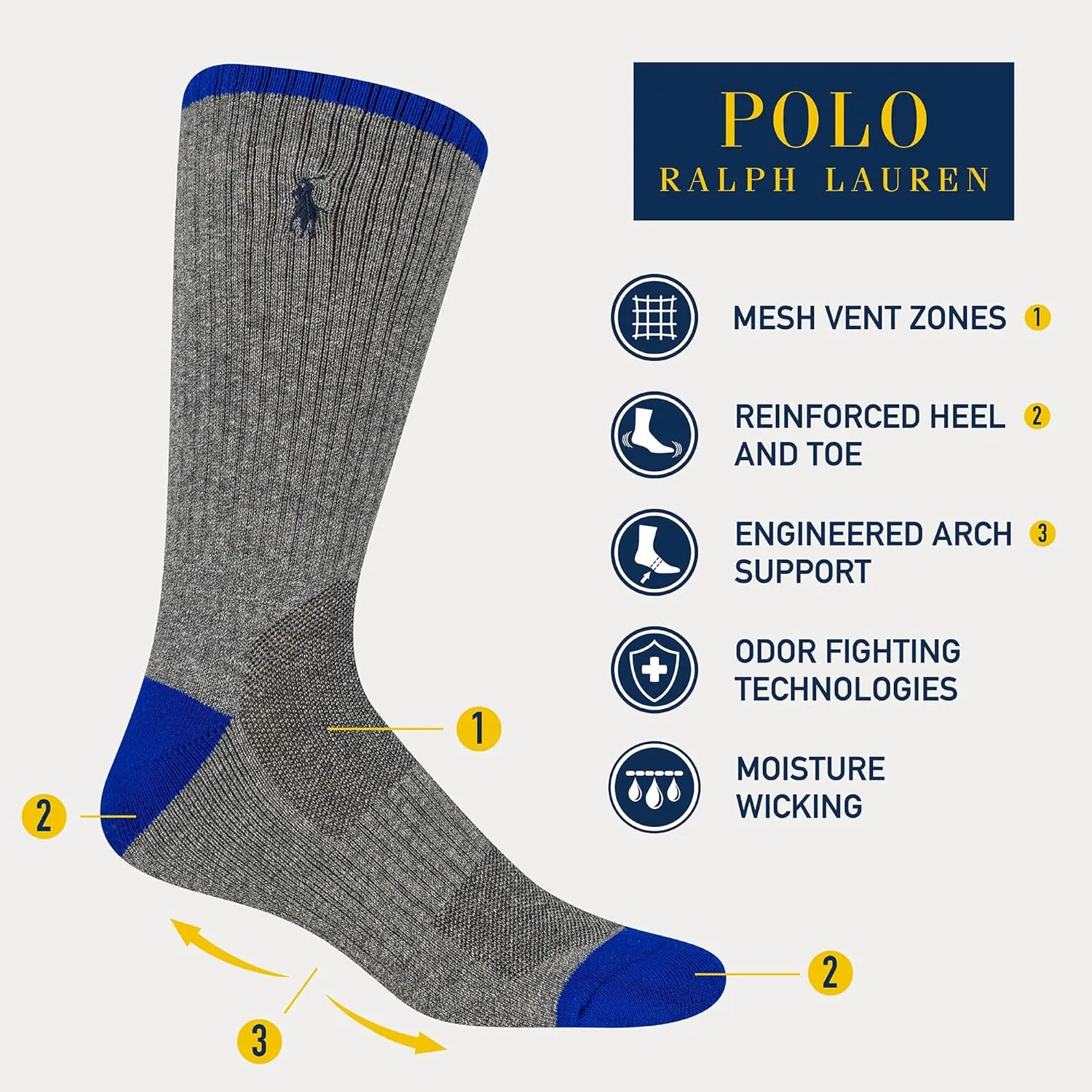 POLO RALPH LAUREN Men's Athletic Performance Cotton Crew Socks - 6 Pair Pack - Moisture Wicking Mesh - Image 8