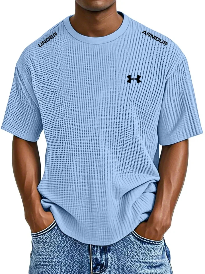 Men's Casual Waffle Logo Print Crew Neck T-Shirt