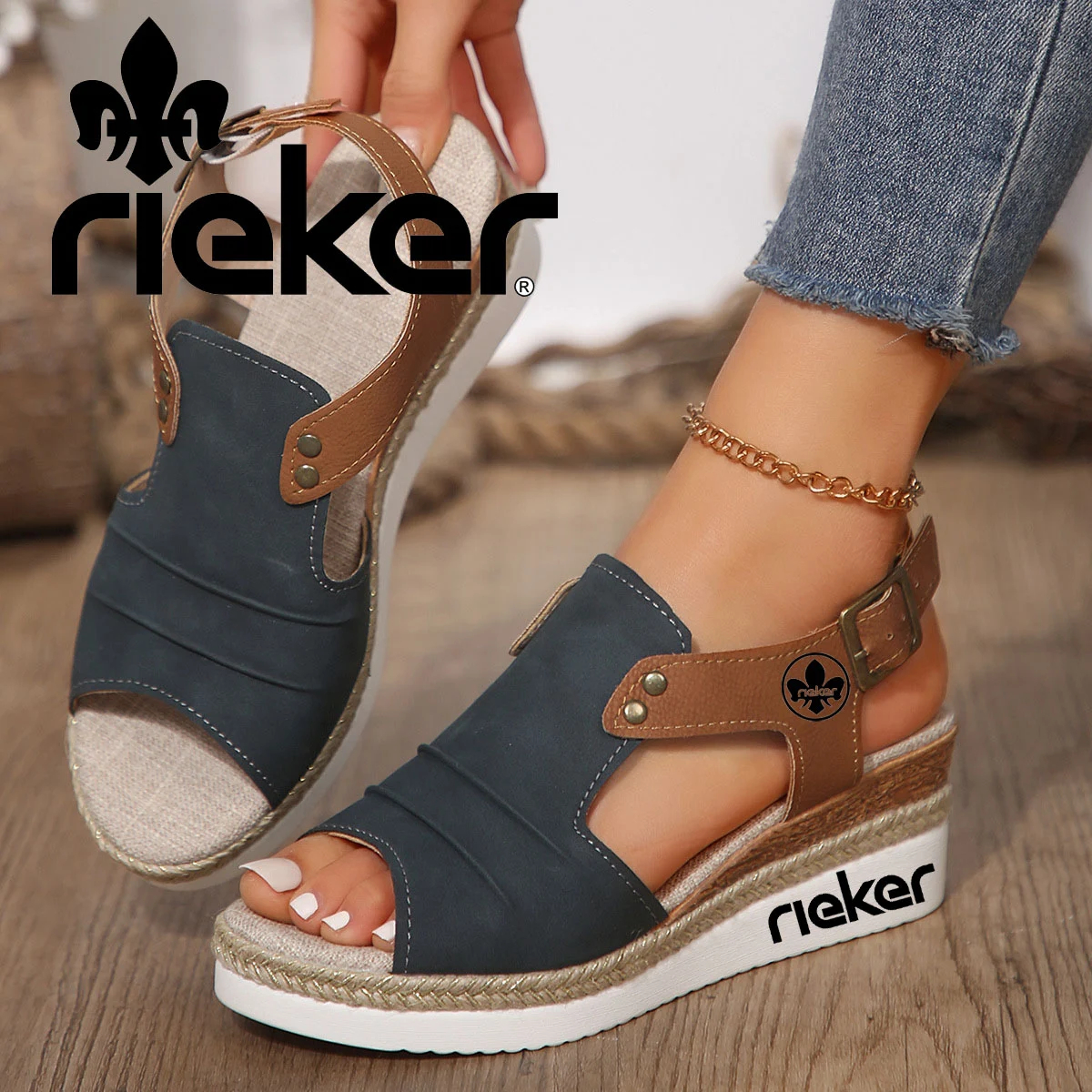 Rieker spring-summer new comfortable women's fashionable hemp sandals with fish mouth retro - Image 2