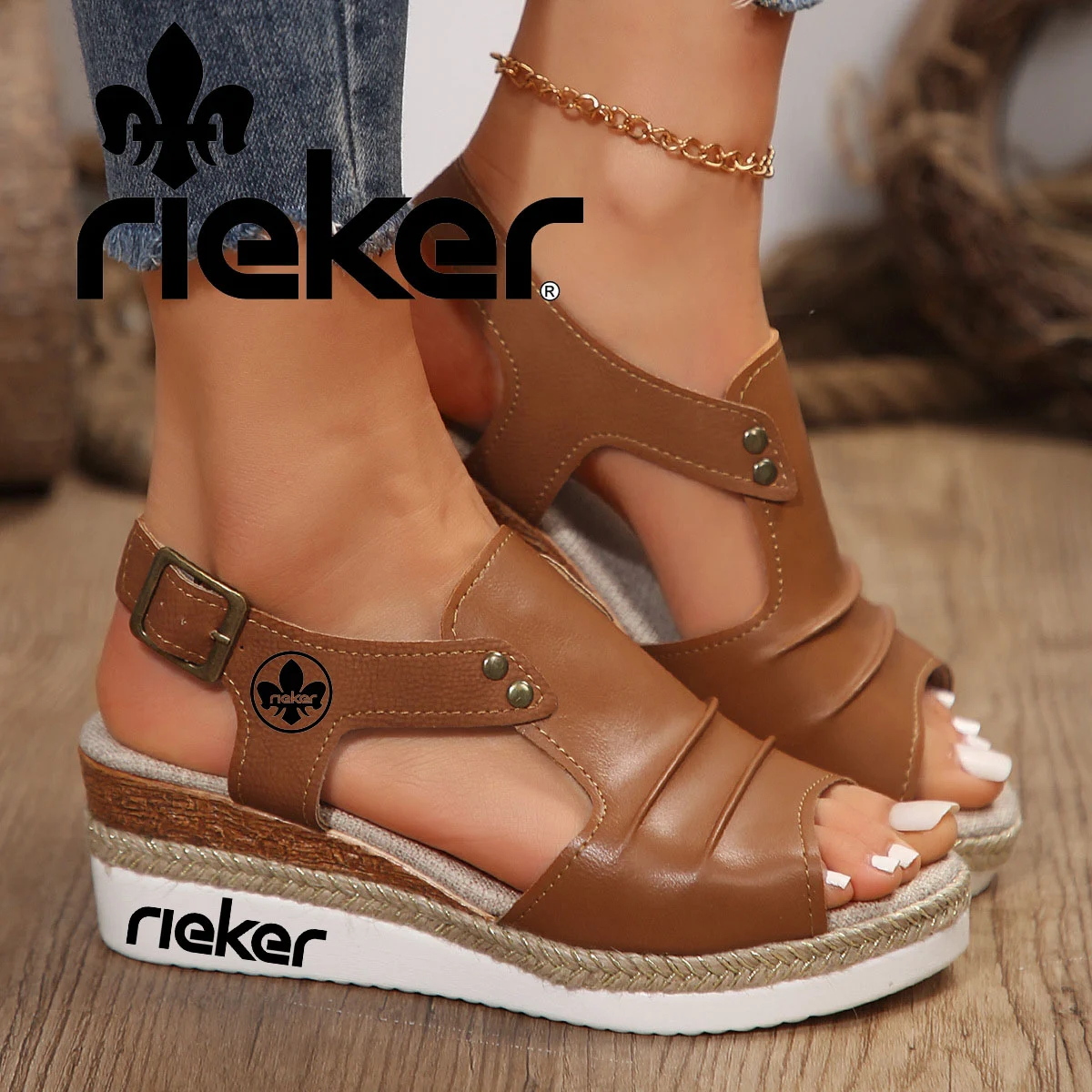Rieker spring-summer new comfortable women's fashionable hemp sandals with fish mouth retro