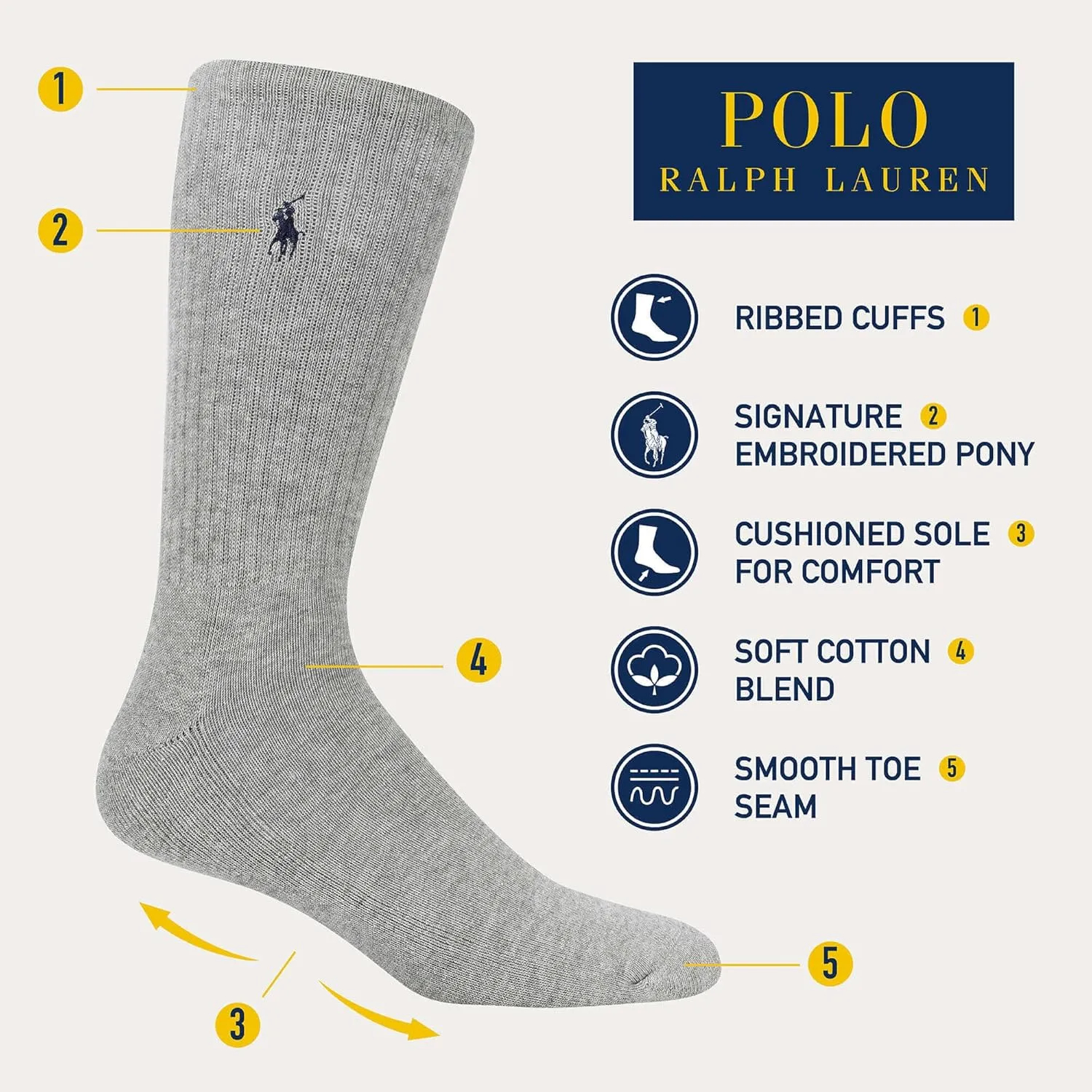 POLO RALPH LAUREN Men's Athletic Performance Cotton Crew Socks - 6 Pair Pack - Moisture Wicking Mesh - Image 10