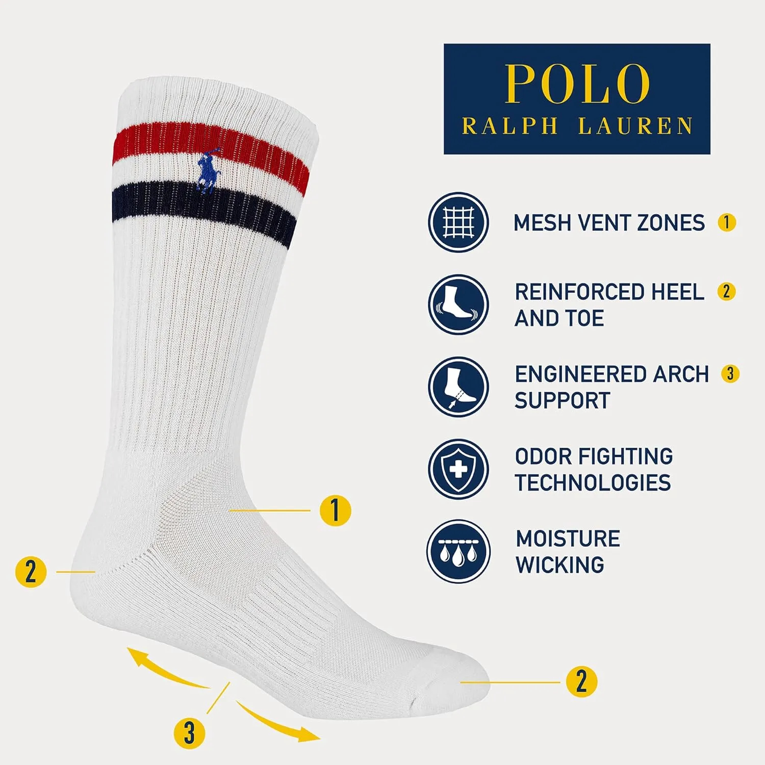 POLO RALPH LAUREN Men's Athletic Performance Cotton Crew Socks - 6 Pair Pack - Moisture Wicking Mesh - Image 14